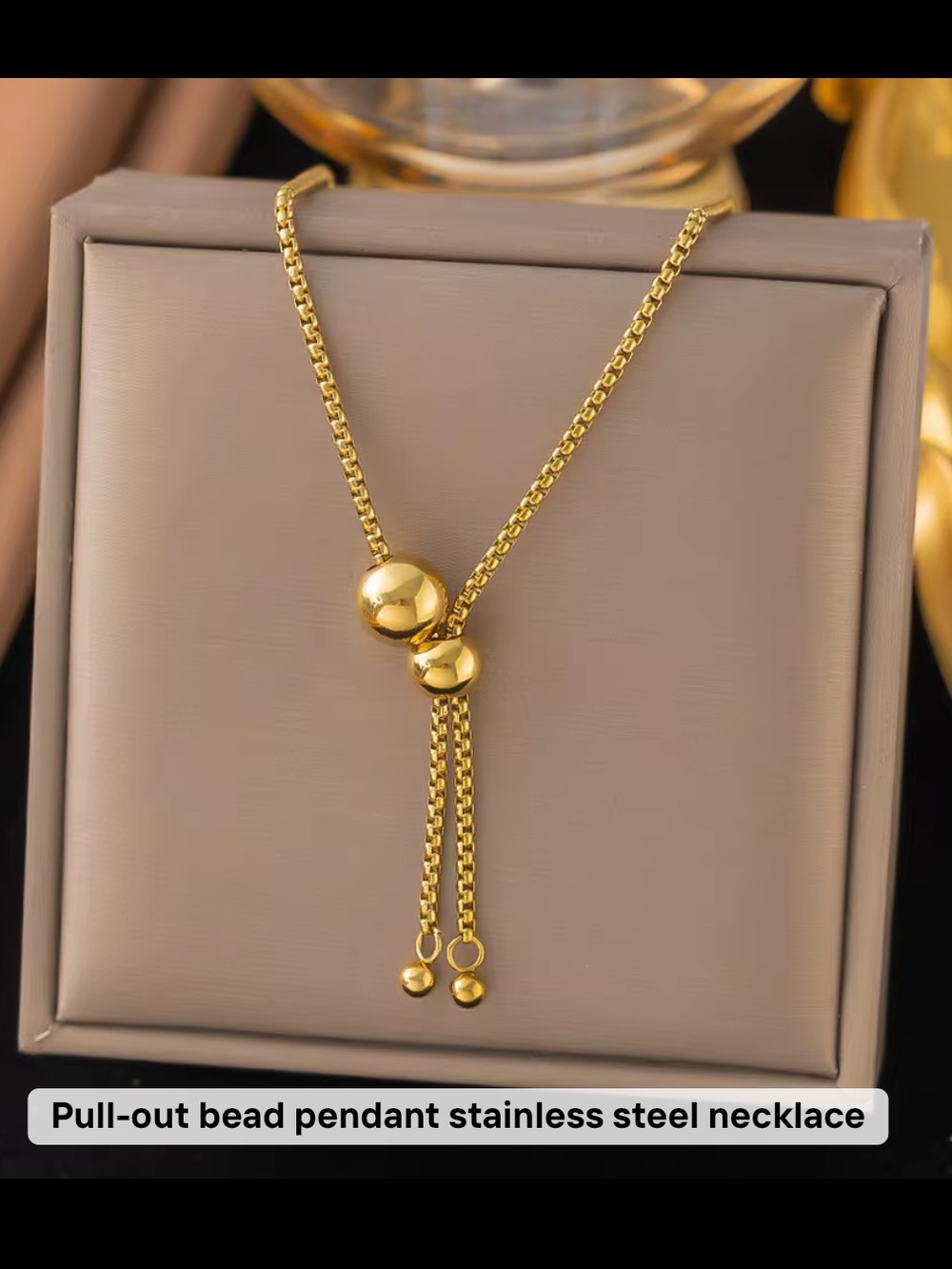 Gold Pull-Out Bead Pendant Necklace - Stainless Steel